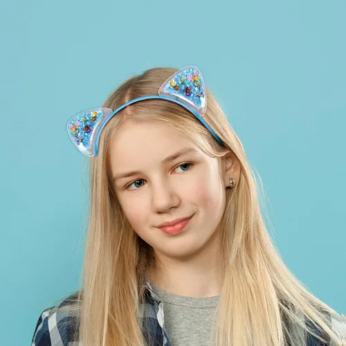 Vista 5 de Fishdown Diademas de orejas de gato con purpurina para niñas y niños, diadema brillante con orejas de gato, diadema colorida con lentejuelas