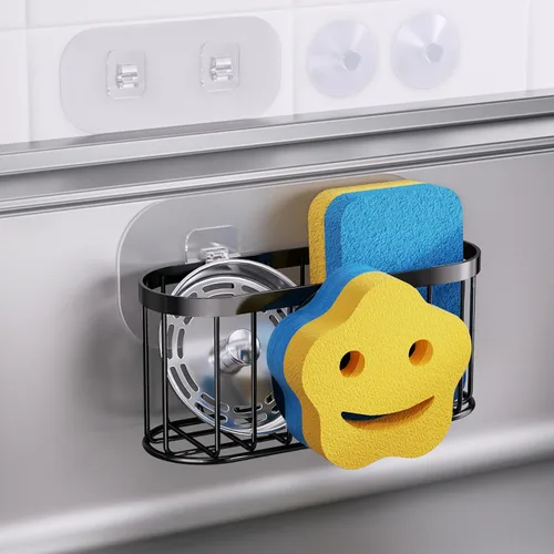 Vista 21 de HapiRm Organizador de esponja multifuncional con forma única en M, 2 métodos de instalación, organizador de fregadero de cocina, organizador
