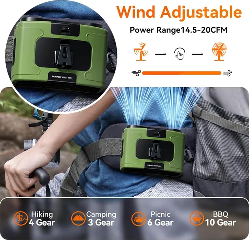 Vista 4 de Astaowl Ventilador Personal de Cintura de 10000mAh, Recargable por USB se Engancha a la Cintura Para Trabajar, 10 Velocidades y 40H de Enfriamiento