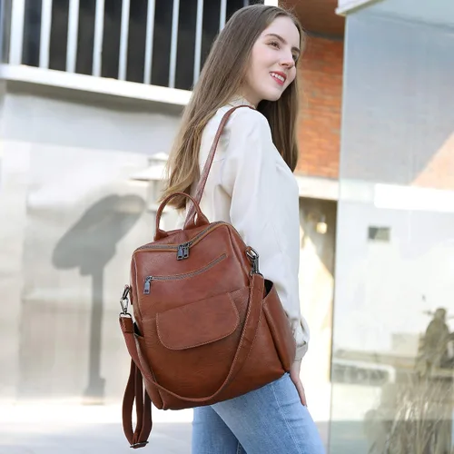 Vista 3 de Mochila de Moda para Mujer Bolso Impermeable Mochilas Escolares Viajes Compras Mochila Convertible Bolsa de Hombro para Damas Rojo-Marrón