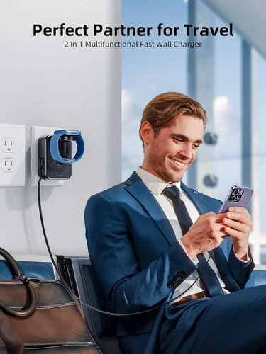 Vista 3 de Bloque de cargador para Apple Watch, cargador de pared 2 en 1 con cable de carga retráctil integrado, adaptador de corriente de enchufe plegable