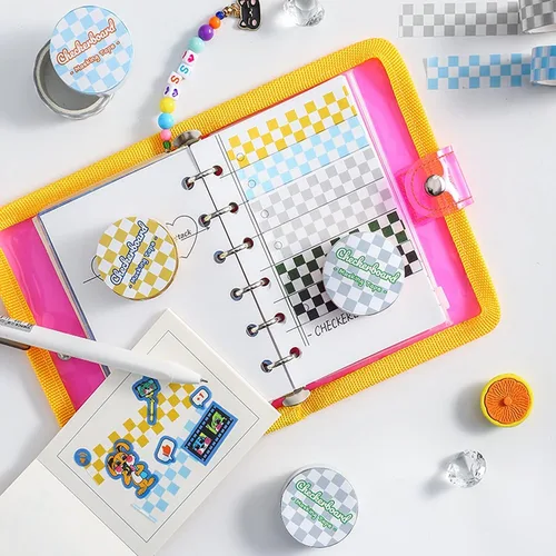 Vista 5 de BWESOO Cinta decorativa Washi cinta adhesiva compacta con patrón de tablero de ajedrez, cinta de papel DIY resistente a la decoloración para artes