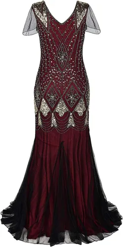 Vista 3 de Vestido vintage de los años 20 para mujer, vestido vintage de gran Gatsby con lentejuelas, maxi vestidos de cóctel de noche con accesorios