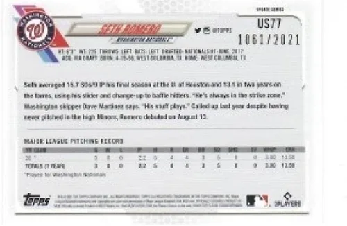 Vista 2 de 2021 Topps Update #US77 Seth Romero NM-MT RC Rookie Washington Nationals Baseball
