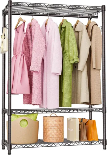 Vista 24 de M MZG Perchero resistente con ruedas de 3 niveles de alambre ajustable con 3 varillas y ganchos laterales, estante de ropa para armario, color Negro