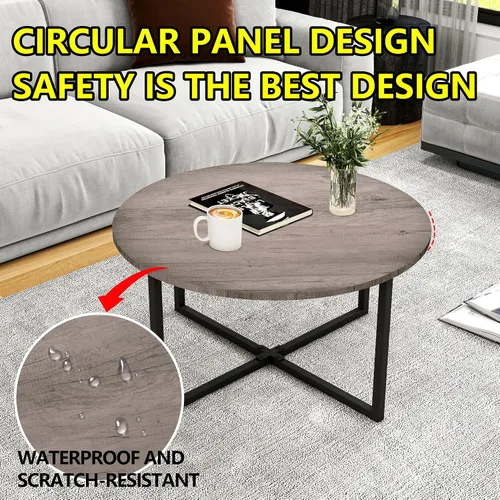 Vista 6 de HOMERECOMMEND - Mesa de centro redonda para sala de estar, color negro y gris Accent Center Table for Living Room Tea Desk with Black Metal Legs