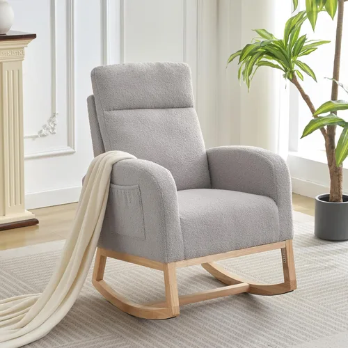 Vista 9 de Mecedora moderna para guardería, tapizada de lino con respaldo de 26 pulgadas de alto, asiento acolchado para sala de estar, dormitorio, lectura