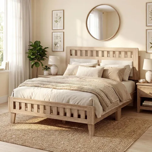 Vista 11 de KOMFOTT Base de cama individual de madera con cabecera tapizada, plataforma moderna de mediados de siglo con espacio debajo de la cama, base