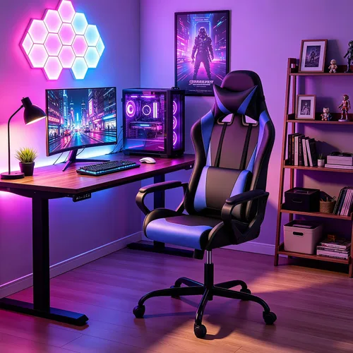 Vista 2 de FDW Gaming Chair PU Leather Computer Chair Executive Headrest Lumbar Support Ergonomic Racing Desk Chair with Armrests 360° Swivel & Caster Five Blue