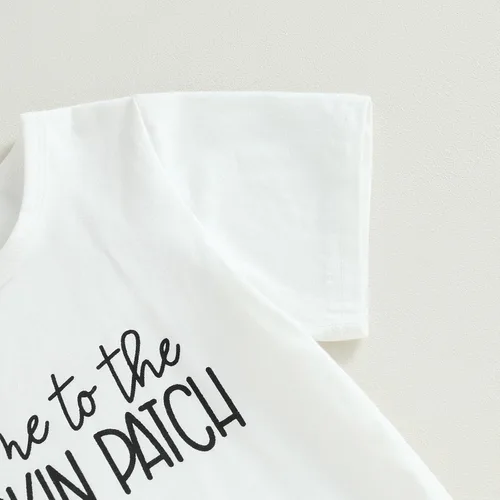 Vista 4 de Conjunto de ropa bonita de Halloween para niñas pequeñas, camiseta con parche de calabaza y pantalones acampanados, para niñas pequeñas