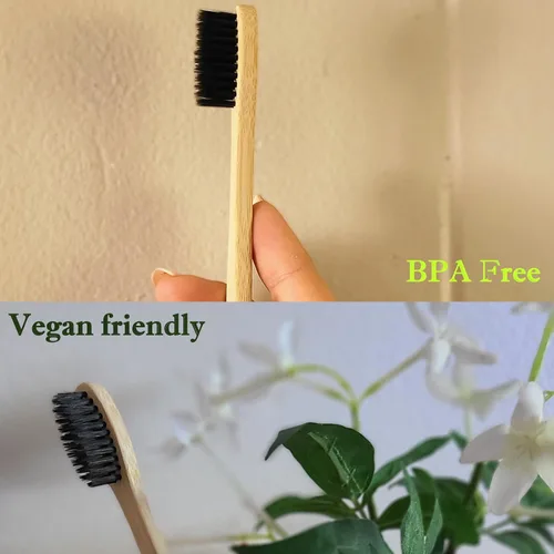 Vista 4 de Cepillo de dientes de bambú natural para blanquear los dientes con cerdas de carbón de bambú (paquete de 12 cepillos de dientes) Biodegradable