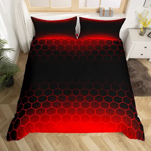 Vista 8 de Juego de ropa de cama geométrica de panal verde y azul, funda de edredón hexagonal estereoscópica para niños y niñas, funda de edredón hexagonal