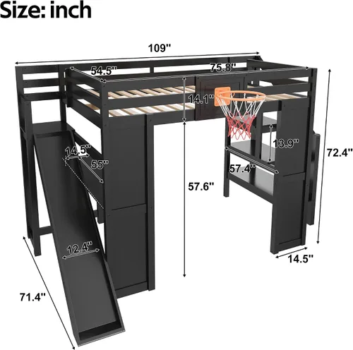 Vista 2 de Cama tipo loft de tamaño matrimonial con escritorio y tobogán para deportes Negro