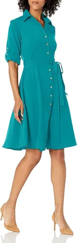 Vista 21 de Sharagano Vestido camisero plisado para mujer, manga 3/4, cuello en V, botones dorados Acacia