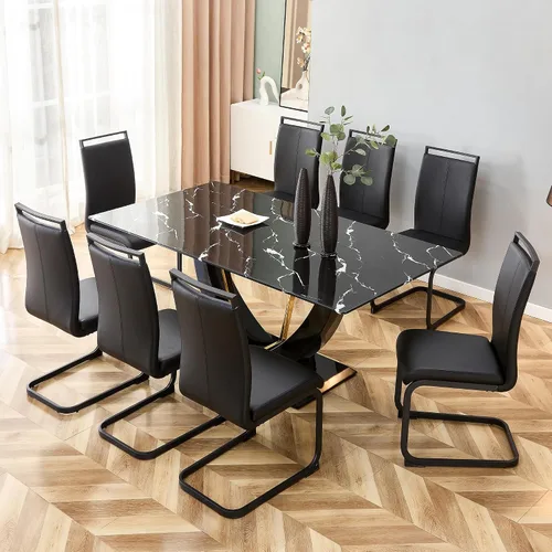 Vista 3 de Mesa de comedor para 4 a 6, mesa de cocina moderna, mesa de comedor, mesa rectangular de vidrio templado de 63 pulgadas con patas de MDF negras