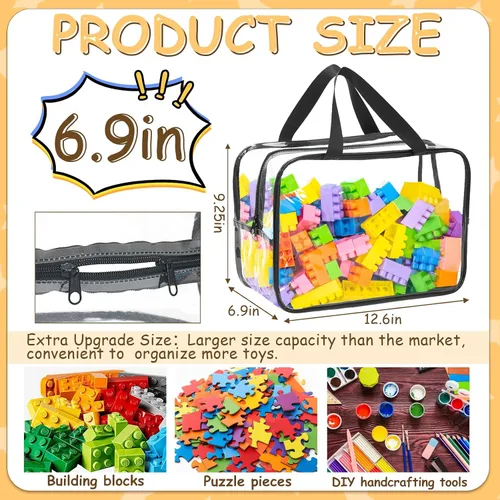Vista 2 de Bolsas de almacenamiento de juguetes extra grandes de 12.6 x 9.25 x 6.9 pulgadas, 6 paquetes de bolsas organizadoras de juguetes transparentes