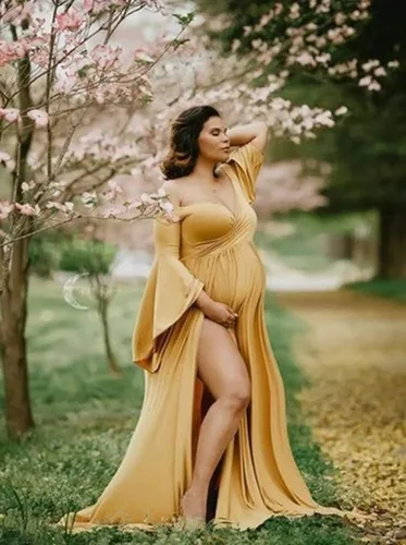 Vista 2 de ZIUMUDY Vestido de maternidad con hombros descubiertos y mangas acampanadas, maxi vestido de fotografía para baby shower