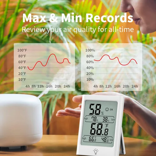 Vista 5 de Termómetro digital interior de 2.7 pulgadas, medidor de temperatura, higrómetro humidistato con registros de humedad y temperatura MAX y MIN