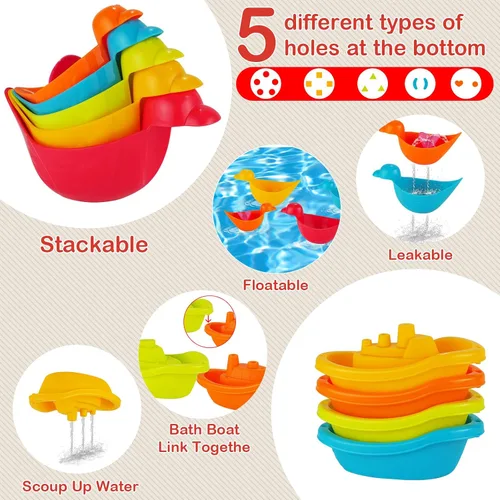 Vista 3 de Juguetes de baño para bebés para niños, 12 juguetes de baño sin moho para niños pequeños con botes flotantes, regadera, patos flotantes y cucharas