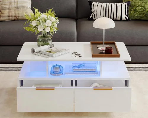 Vista 8 de Garvee Mesa auxiliar LED con almacenamiento, mesas centrales de alto brillo de 35 pulgadas con 4 cajones y estante abierto, mesa de sofá rectangular
