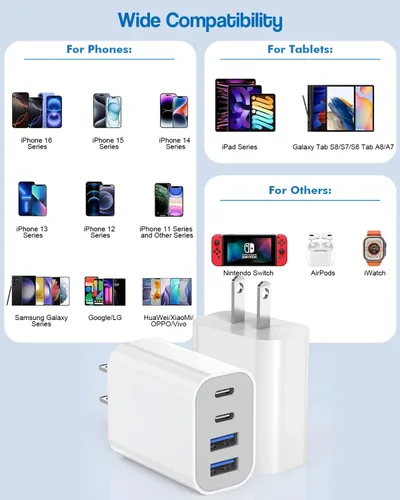 Vista 6 de Bloque de carga rápida de 40 W Apple 17 16, paquete de 2 bloques de cargador USB C rápido de 4 puertos, adaptador de corriente PD y adaptador QC