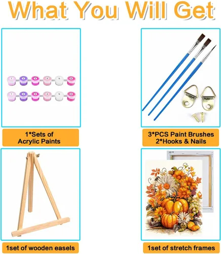 Vista 5 de Meothan Kits de pintura por números para adultos enmarcados, pintura de otoño por números para adultos principiantes, kits de pintura de calabaza