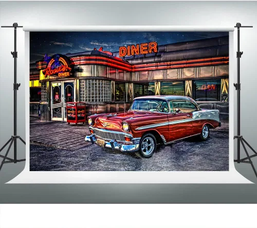 Vista 6 de Telón de Fondo de Rock Roll de los 50s para Diner, 1950s Coche Vintage Retro Nostalgia para Fotografía, 1.5x0.9m Telón de Fondo para Fotos