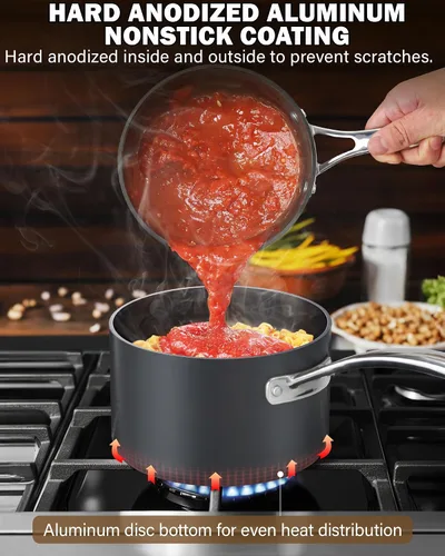 Vista 4 de Cooks Standard NC-00340 – Sartén con tapa de grado Premium, anodizado, sólido, antiadherente, 1 qt, Negro