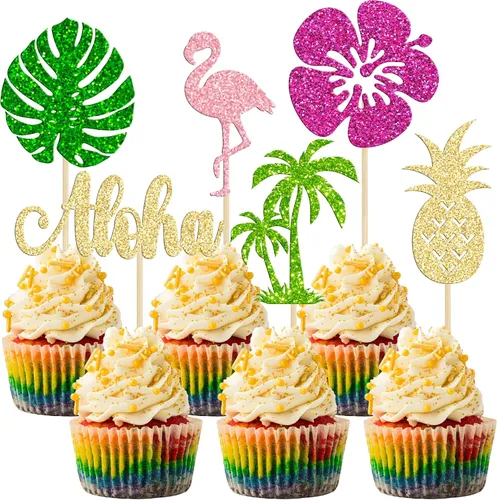 Vista 22 de 36 piezas de adornos para cupcakes de piña verde con purpurina verde para Luau despedida de soltera, fiesta de verano tropical, decoración