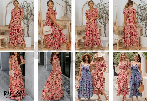 Vista 3 de BLENCOT Vestido largo casual de manga corta para mujer, estilo bohemio, estampado floral, cuello en V, fruncido, cóctel, fiesta, maxi vestidos