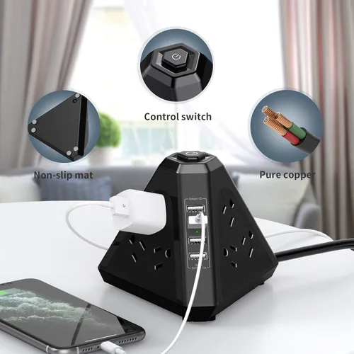 Vista 5 de Regleta protectora contra sobretensiones, salida triangular de 3 lados con 9 salidas de CA múltiples 4 puertos USB, cable de extensión de 6.5 pies