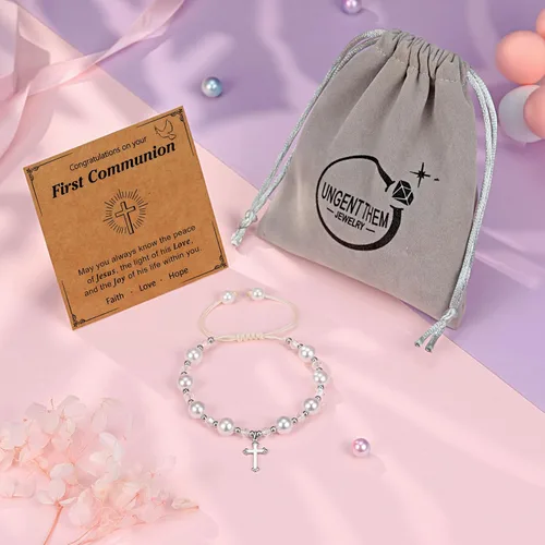 Vista 6 de UNGENT THEM Regalos de bautismo para niñas, pulseras de regalos de primera comunión para niñas, pulsera de cruz