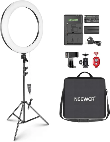 Vista 11 de NEEWER Luz de anillo de 18 pulgadas con soporte de trípode, luz de anillo LED grande de 55W, soporte para teléfono con zapata fría compatible