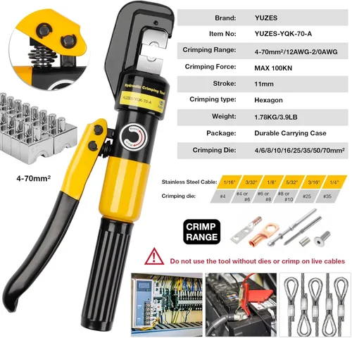 Vista 2 de YUZES Herramienta de Prensado Hidráulica de 10 Toneladas, Herramienta de Crimpado de Cable de Batería de 12 AWG a 2/0 con 9 Troqueles, Kit