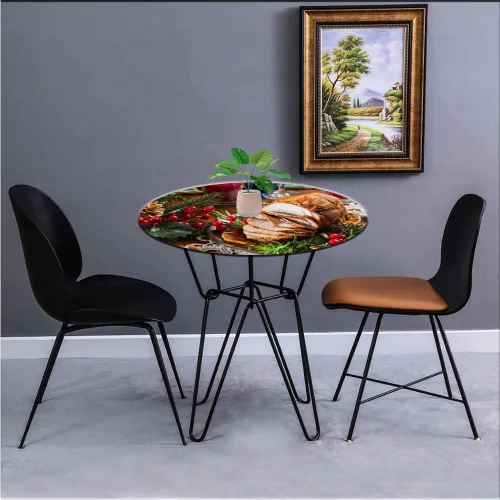 Vista 3 de Mantel redondo de Navidad, impermeable y borrable con borde elástico, jamón de cerdo asado servido con papas horneadas, se adapta a mesa redonda