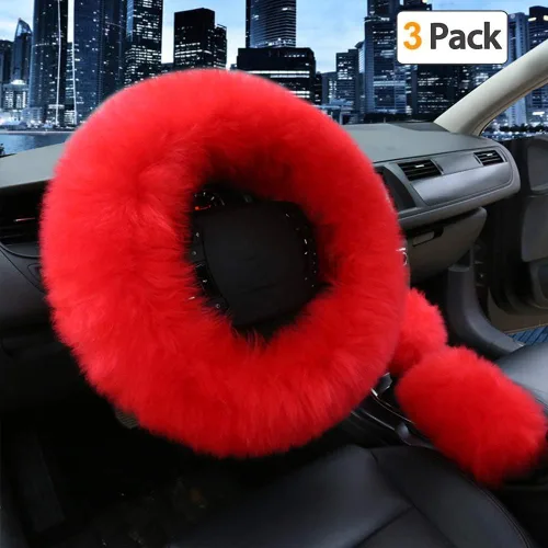 Vista 13 de Funda para volante y para palanca de cambios y freno de mano de automóvil por Younglingn, 1 set de 3 unidades multicolor con lana sintética, de moda