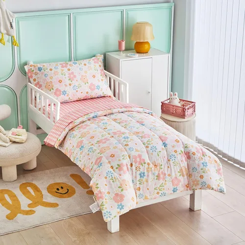 Vista 2 de Joyreap Juego de ropa de cama de algodón de 4 piezas para niñas, diseño de flores rosas, juego de edredón de algodón suave y transpirable, incluye