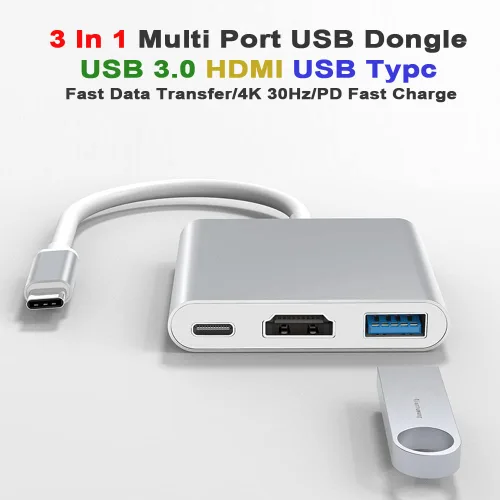 Vista 3 de IHAO 3IN1 Multi Puertos Dongle USB Tipo C a HDMI 4K HD/USB 3.0 Transferencia rápida de datos 5GBPS/PD 100W Adaptador USB C Cubierta de aluminio