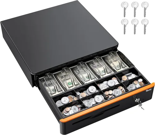 Vista 8 de Tera Cajón de caja registradora 8 "Mini: 4 billetes 6 monedas pequeño cajón de efectivo abierto automático con ranura para medios 24V Cable RJ12
