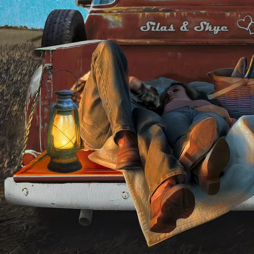 Vista 2 de Personal-Prints Stargazers - Arte romántico personalizado para pared, personalizado con tus nombres en el clásico Chevy 1954, aniversario, boda