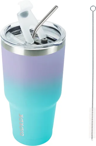 Vista 43 de BJPKPK Vaso térmico negro con tapa y pajita, de acero inoxidable, de 20 onzas, para café Pintura de caucho negro
