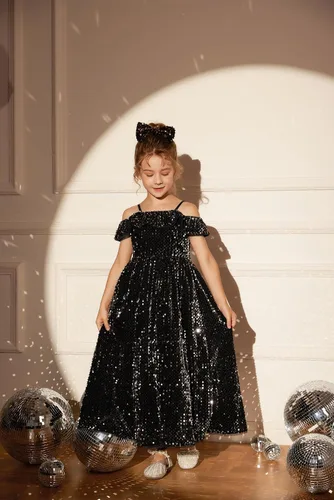 Vista 4 de GRACE KARIN Vestido de niña con hombros descubiertos y lentejuelas brillantes con nudo de lazo, 6-12 años