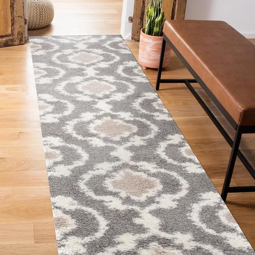 Vista 11 de Alfombra de área peluda para interior, cómoda, estilo entretejido marroquí, Polipropileno, Gris/Crema
