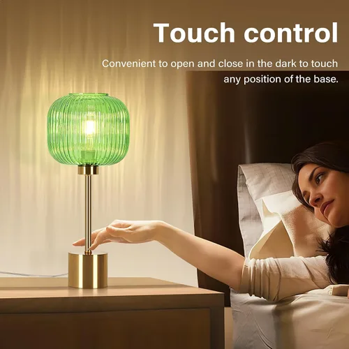 Vista 3 de Lámpara de mesa de cristal verde con 3 vías regulable y control táctil, lámpara de mesita de noche vintage moderna de mediados de siglo
