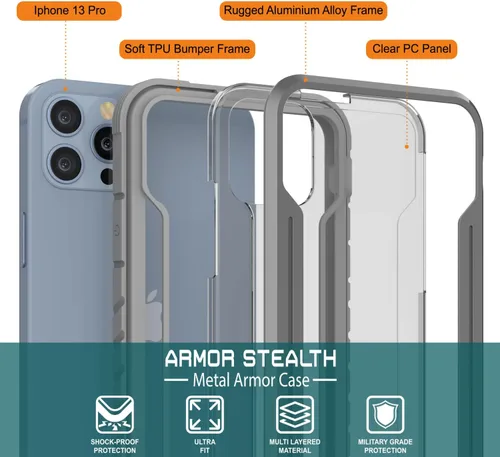 Vista 3 de Punkcase Diseñada para iPhone 13 Pro [Armor Stealth Series] funda protectora de grado militar con marco de aluminio [parte trasera transparente]