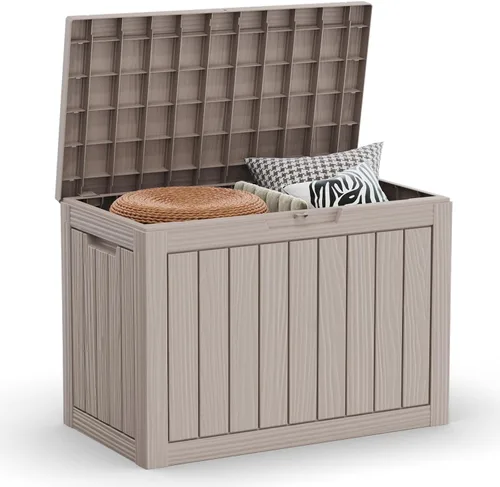 Vista 15 de DRATO Caja de almacenamiento para cubierta de 31 galones, caja de almacenamiento para exteriores para cojines de patio, herramientas de jardín, caja