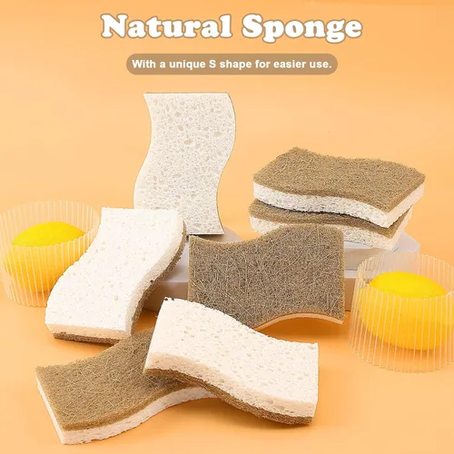 Vista 6 de Paquete de 12 esponjas naturales, esponja de cocina Esponjas naturales para lavar platos, esponja biodegradable compostable de celulosa y coco,