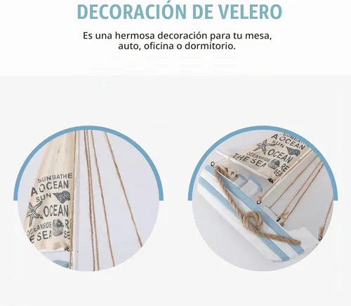 Vista 7 de Modelo de velero de madera, mini LED náutico, conchas náuticas, estatuilla de barco de vela de madera, decoración para el hogar, escritorio