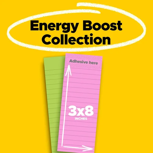 Vista 2 de Post-it Notas súper adhesivas, 3 pulgadas x 8 pulgadas, colección Energy Boost – 2 blocs por paquete, 45 hojas/bloc – forrado, reciclable, varios