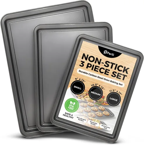 Vista 8 de Perlli Juego de 10 moldes para hornear antiadherentes de acero al carbono, gris para horno, 2 hojas de galletas, 2 moldes redondos para pasteles